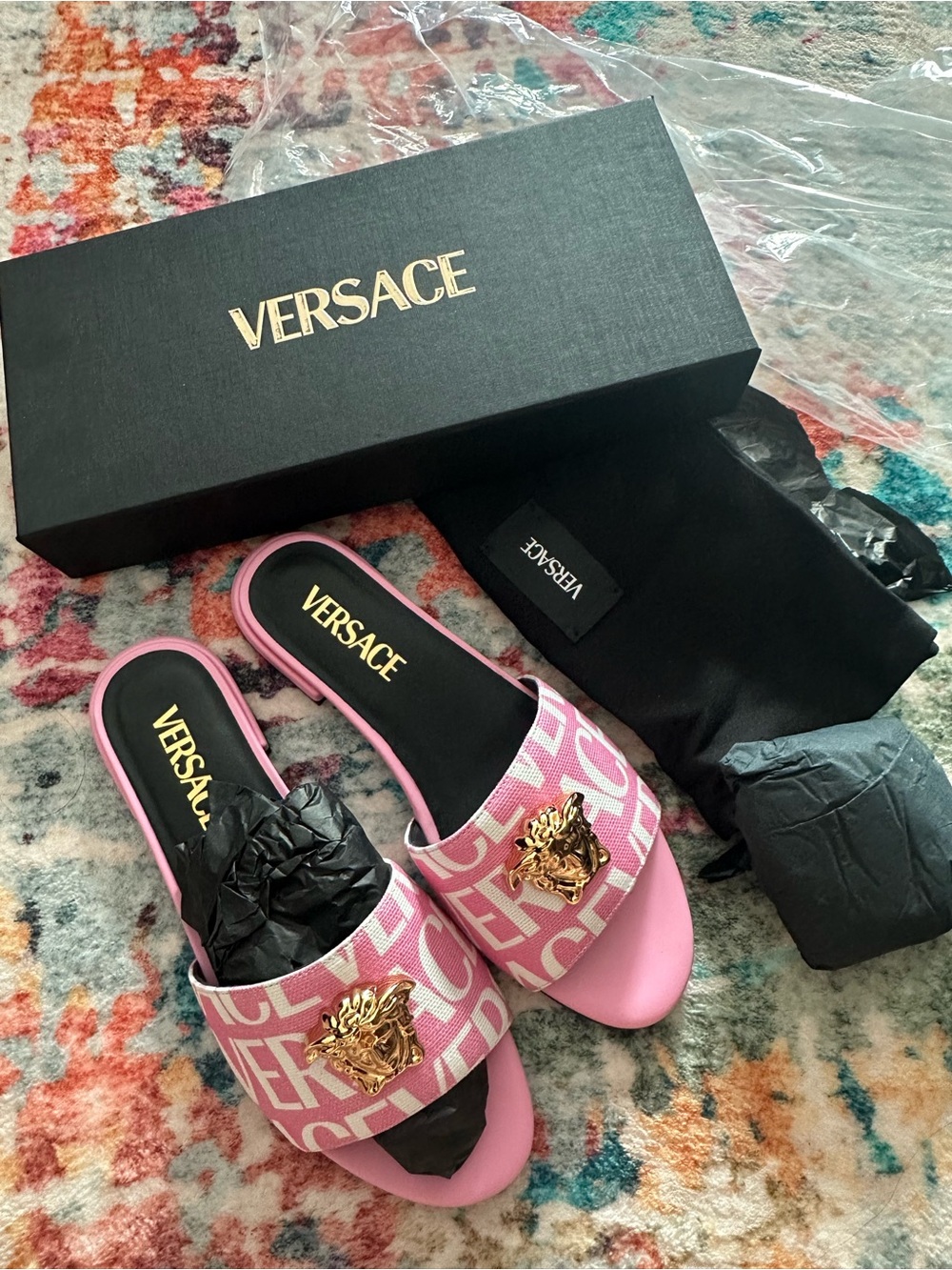 Versace Pink Medusa Logo Slide Mules
